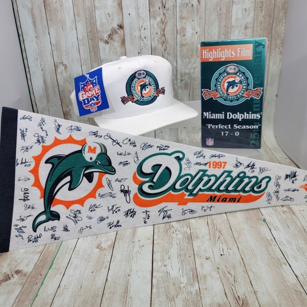 Vintage Florida Miami Dolphins 1972 Anniversary 17-0 Pennant, Hat. DVD NFL